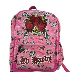 Ed Hardy Pink Multi Rhinestone Heart Tattoo Print Vegan Leather Backpack EHH436